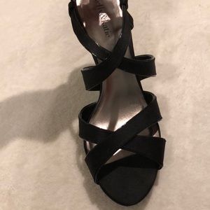 Black satin strappy heels